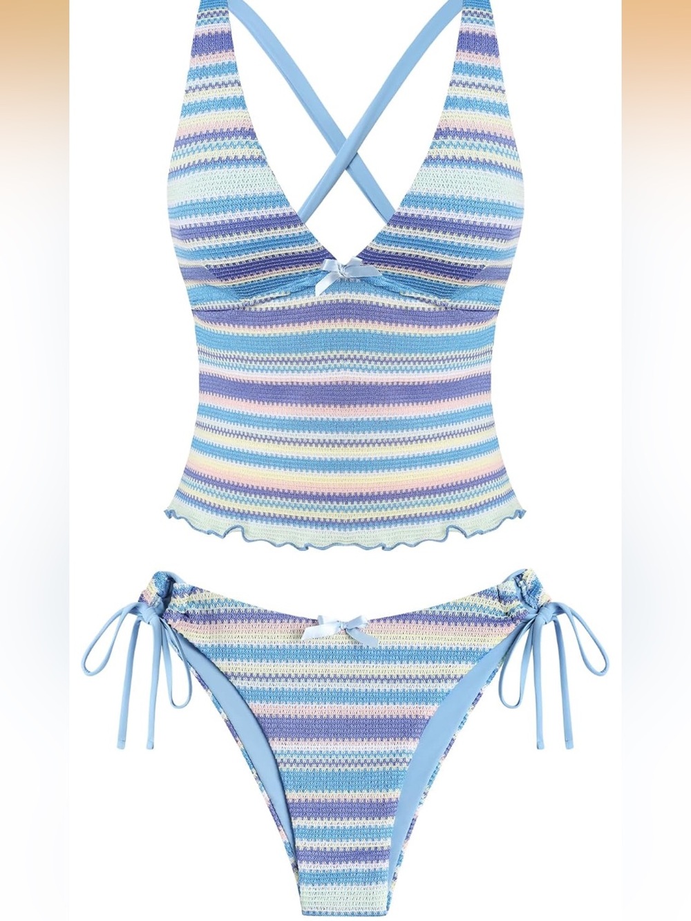 Zaful Pastel Blue Striped Tankini and Tie-Side Bikini Set